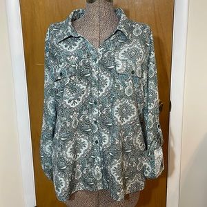 Studio Works Womens XL Blue Green White Paisley Button Down Blouse